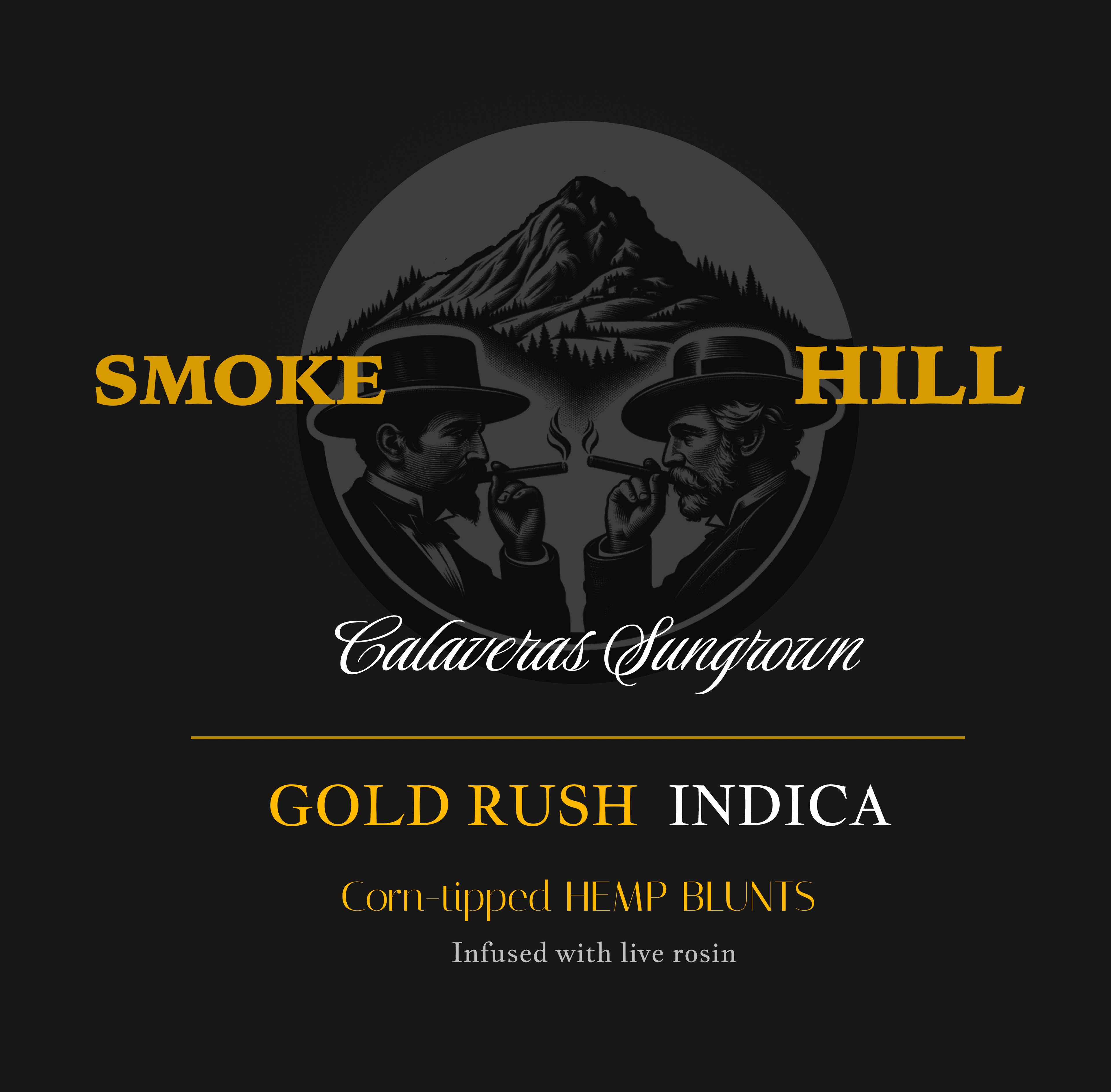 Sneak Peak of branding design for Smoke Hill cannabis product. California gold rush era wealthy men smoking.